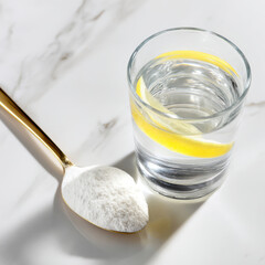 Spoonful of white powder next to glass of lemon water on marble surface, creating fresh and healthy vibe