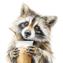 Obraz premium Raccoon Holding Iced Coffee Drink with Straw on White Background