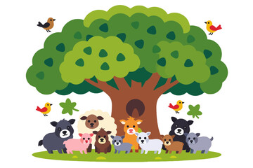 Naklejka premium Cute Cartoon Animals Under a Tree Illustration- Whimsical Nature Scene with Birds- Perfect for Children's Books and Educational Resources