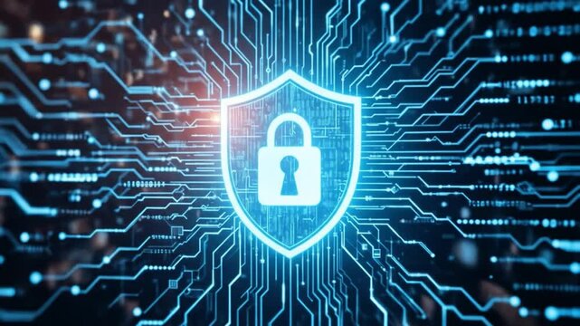 Digital Security Shield With A Keyhole Surrounded By Flowing Data Lines And Binary Code. 4k video