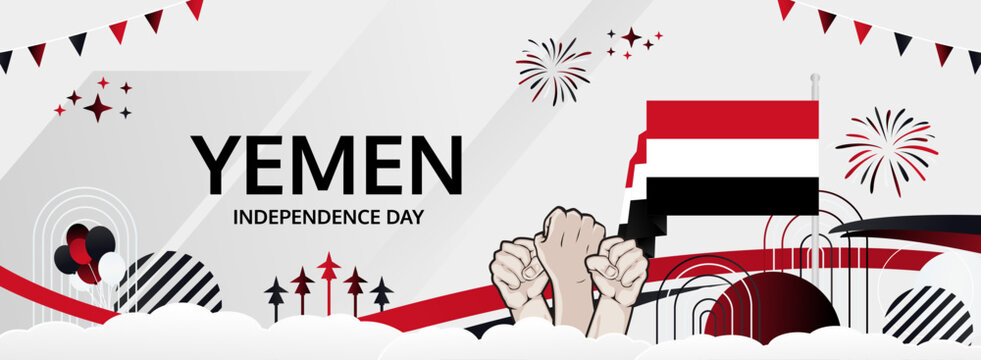 Yemen Independence Day modern greeting banner. 30 November Happy National Day. Festive horizontal background with flag colors, great for carnival poster, tourism campaign, holidays flash sale