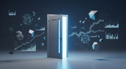 Conceptual digital open door showcasing futuristic technology and data visualization elements