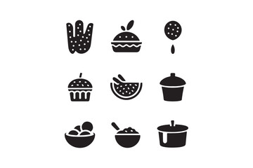 Snack and Dessert Icon Set Vector Silhouettes of Fast Food, Sweets, and Cooking Items