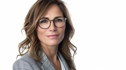 perfectly composed portrait of a businesswoman wearing glasses and a sleek gray suit 