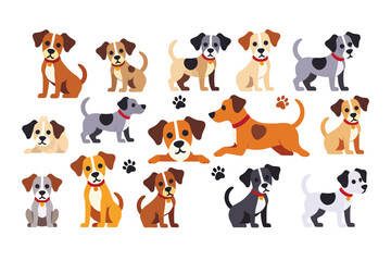 Naklejka premium Cute Cartoon Dogs Illustration- Variety of Puppy Breeds- Adorable Animal Characters for Kids- Vector Dog Clipart- Pet Icons for Graphic Design- Funny Dog Drawing- Dog Illustration Art