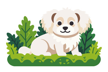 Fototapeta premium Cute White Puppy Cartoon Illustration - Adorable Dog Sitting in Grass - Vector Graphics for Kids and Pet Lovers- Whimsical Animal Art