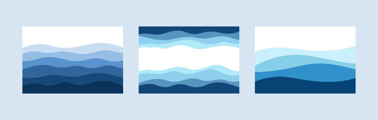 Blue sea waves on a white background. Endless undulating water shapes, abstract background, flat design, vector. A modern minimalistic element for a banner, label, poster with a place for text