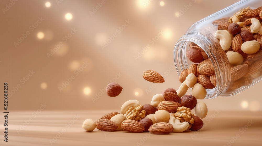 Poster assorted nuts spill from glass jar onto wooden table with soft shadows. warm beige background create