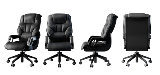Black leather office chair, working manager chair. Isolated  PNG