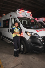 Latina female paramedic, standing in an epic pose in front of the ambulance, ready to save lives.