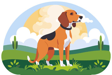 Happy Hound Dog Illustration-Cute Cartoon Animal on Green Pasture-Beautiful Dog Breed with Unique Coat Markings-Dog Vector Art for Your Projects