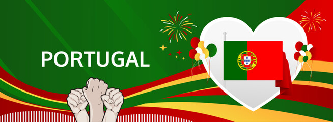 Portugal National and Independence Day modern greeting banner. 1 December Happy Portugal Day. Festive horizontal background with flag colors, great for carnival poster, celebrations, and sports