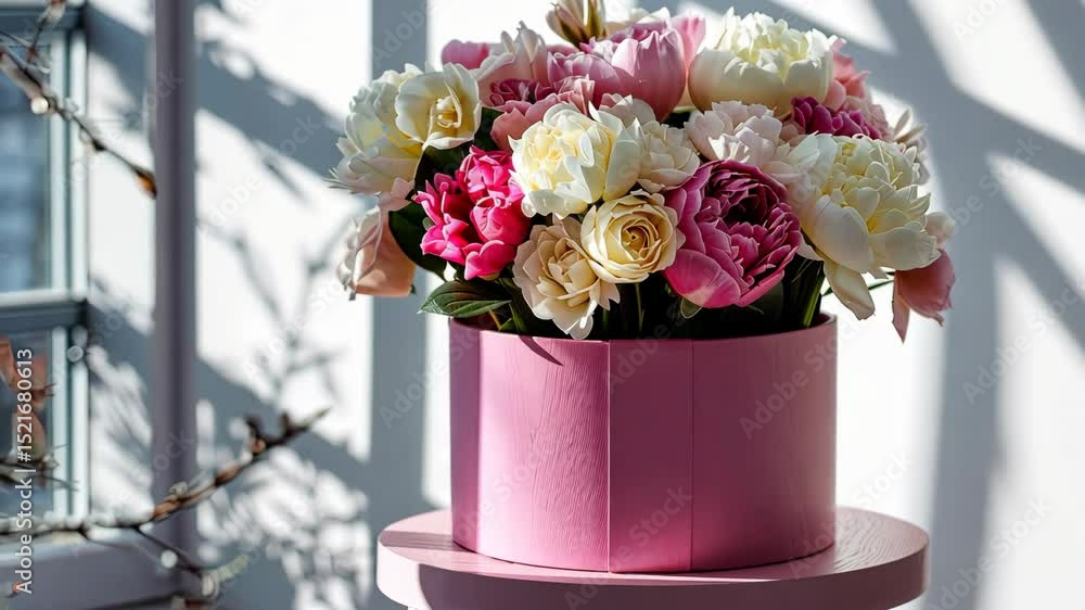 Poster an elegant display of colorful artificial flowers in a pink container, beautifully illuminated by su