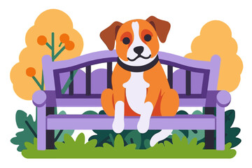 Cute Dog on a Park Bench Cartoon Illustration - Adorable Puppy Relaxing Outdoors in a Colorful Scene - Perfect for Children's Books and Pet Lovers Designs