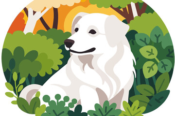 White Dog in Forest Illustration-Cute Puppy Surrounded by Greenery-Cartoon Animal Art for Kids-Nature-Inspired Design-Animal Lover Gift Idea