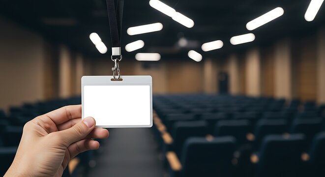 Blank Conference Badge Held in Hand Against Blurred Auditorium