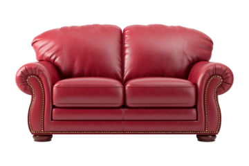 Classic red leather sofa with decorative studs isolated on white or transparent background