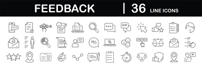 "Customer Satisfaction and Feedback Icons Set in Line Style – Rating, Review, Testimonial, Like, Dislike and User Experience Symbols for Web and Mobile App"
