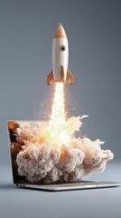 Rocket Launches From Laptop, Showcasing Creativity and Innovation in Technology Design.