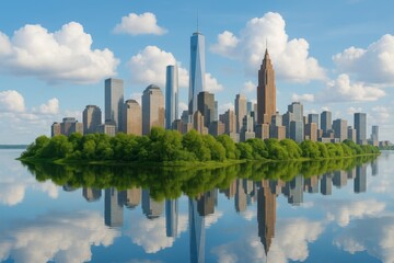 Fototapeta premium Stunning Cityscape Skyline Reflection Peaceful Green Island Urban Architecture Modern Buildings Summer Day Tranquil Water Vibrant Nature Scenic View Beautiful Cityscape Panoramic Landscape 
