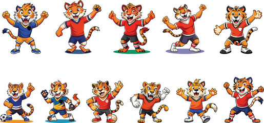 Tiger in soccer uniform mascot logo set vector illustration