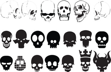 A vibrant vector cartoon illustration features a set of smiling pirate skulls with various emotions, perfect for a Halloween design or avatar symbol