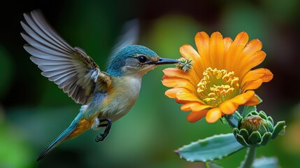 A vibrant hummingbird hovers near a vibrant orange flower.