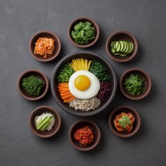 Korean food bibimbap side dishes concept. A colorful bowl of bibimbap surrounded by various vegetable sides on a textured surface.