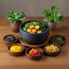 Korean food bibimbap side dishes concept. A rustic, beautifully arranged meal featuring tofu, greens, and various condiments in clay bowls.