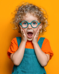 Surprised little girl with round blue glasses on colorful background