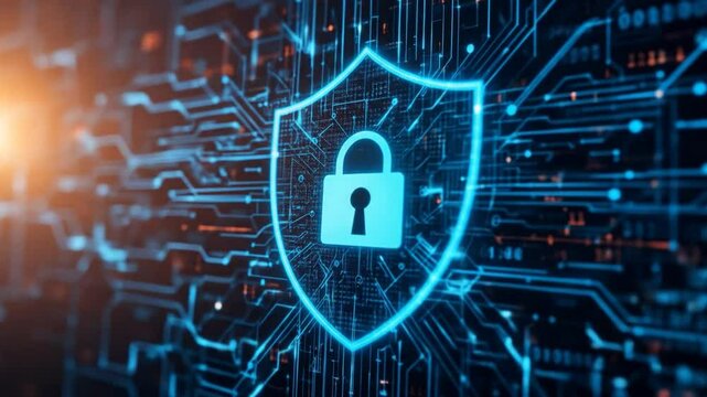 Digital Security Shield With A Keyhole Surrounded By Flowing Data Lines And Binary Code. 4k video