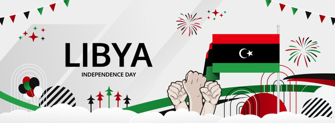 Libya Independence Day modern greeting banner. 24 December Happy National Day. Festive horizontal background with flag colors, great for carnival poster, tourism campaign, holidays flash sale