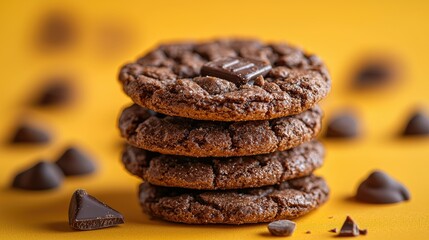 Stack of chocolate chip cookies on a yellow surface.