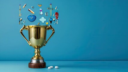 A golden trophy rests on a wooden base, with various medical symbols floating above. The blue background enhances the theme of wellness