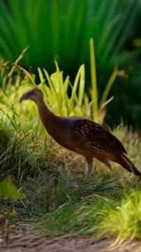 Solitary Tinamou Bird Stands in Lush Green Grass with Speckled Brown Feathers and Long Neck in Natural Habitat