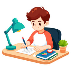 Diligent Student: Boy Studying at Desk, Focused on Homework and Education