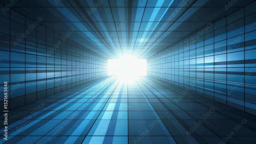 Poster This abstract setting features a tunnel with blue lighting and reflective surfaces, creating a captivating sense of depth and movement