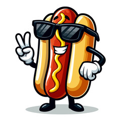 Cool Hot Dog Cartoon Character: Summer Vibes, Peace Sign, Sunglasses