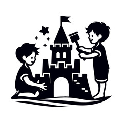 Kids Building a Sandcastle: Summer Fun, Beach Playtime, Childhood Joy