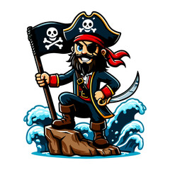 A Jolly Roger Pirate Captain on a Rocky Shore, Amidst Crashing Waves: A Thrilling Nautical Adventure