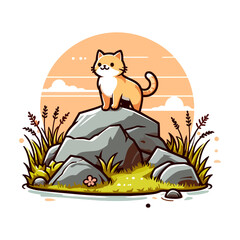 Cute Orange Cat on a Rock: A Serene Sunset Landscape