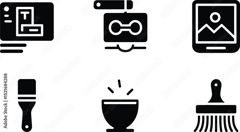 Poster a collection of six black and white icons featuring design tools and artistic instruments displayed 