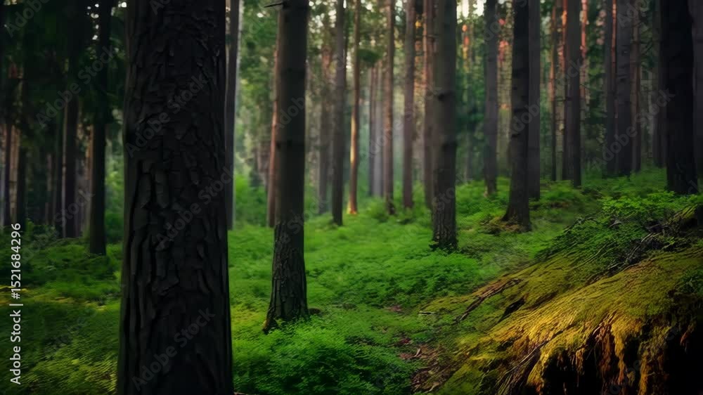 Poster sunlight streams through the trees in a dense forest with bright green foliage on the forest floor