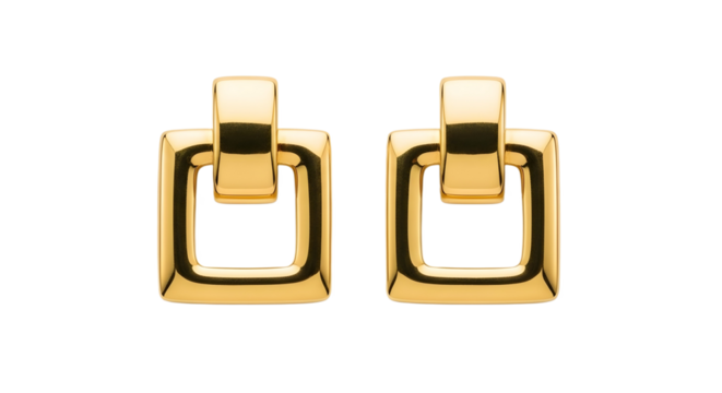 Gold open square earrings isolated on transparent background, elegant jewelry design, for online stores