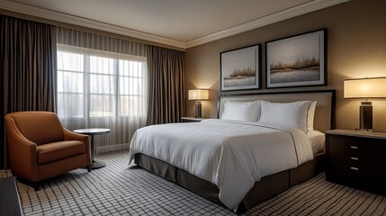 Obraz premium Elegant transitional guest room featuring a cozy ambiance, stylish furniture, and modern interior decor 