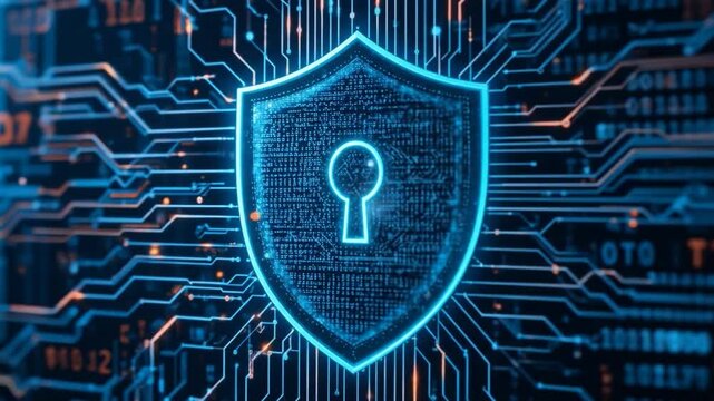 Digital Security Shield With A Keyhole Surrounded By Flowing Data Lines And Binary Code. 4k video