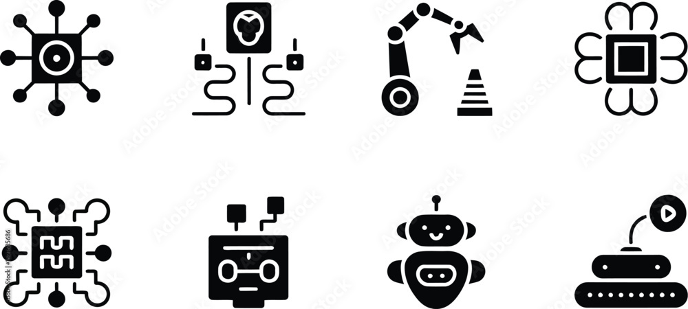 Poster a set of eight black and white icons representing artificial intelligence and robotics technology