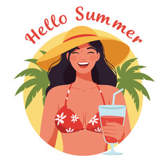 Cheerful woman in summer attire holding a drink surrounded by palm trees