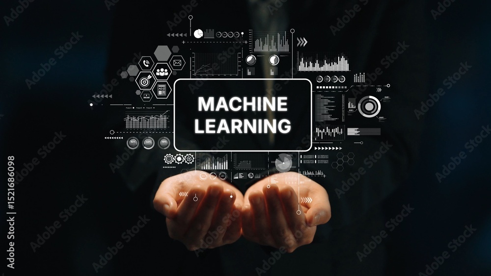 Poster hands holding machine learning concept with graphs, data, and elements representing technology and i