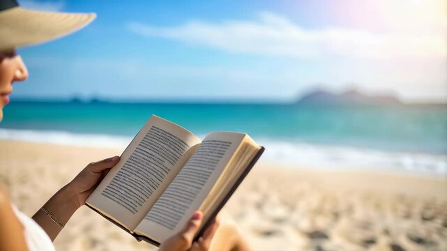 Woman reads a book while relaxing on a beach chair with a straw hat enjoying the clear blue ocean view during the summer vacation.